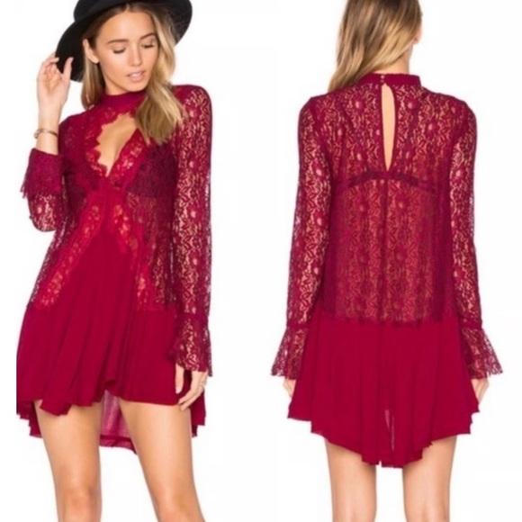 Free People Tell Tale Lace Tunic Dress in Raspberry Size XS - Picture 2 of 14